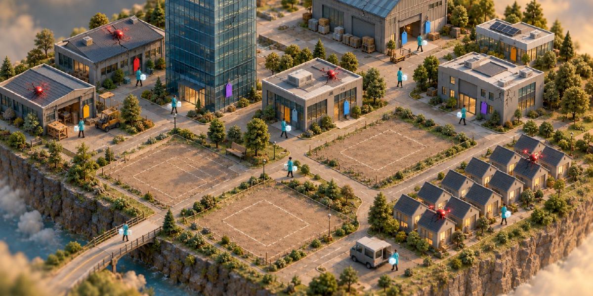 Isometric miniature town of software buildings on a cliff above the clouds, where medics in teal coats carry glowing parcels between buildings marked with coloured tags, red drones sit on a few roofs, and three cleared plots stand empty.
